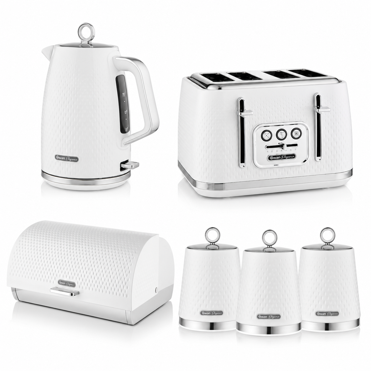 Swan Swan Elegance Kettle, 4 Slice Toaster, Bread Bin & Canisters Kitchen Set (White)