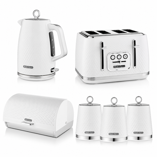 Swan Elegance Kettle, 4 Slice Toaster, Bread Bin & Canisters Kitchen Set (White)