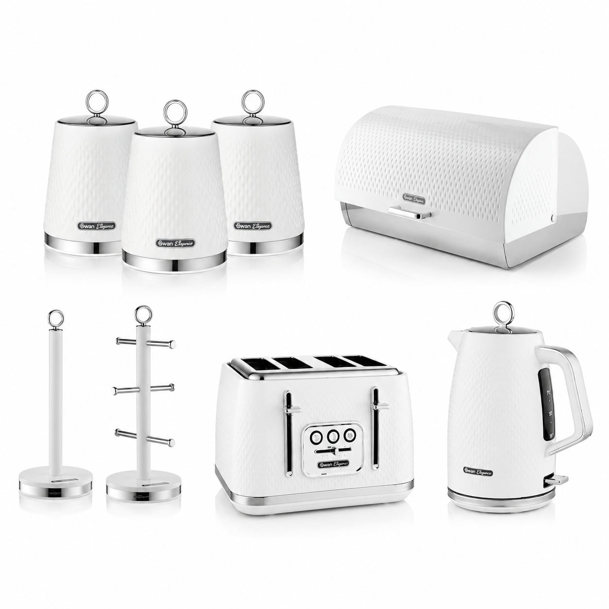 Swan Swan Elegance Kettle, 4 Slice Toaster, Bread Bin, Canisters, Towel Pole & Mug Tree Set (White)