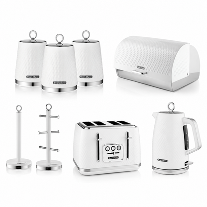 Swan Swan Elegance Kettle, 4 Slice Toaster, Bread Bin, Canisters, Towel Pole & Mug Tree Set (White)