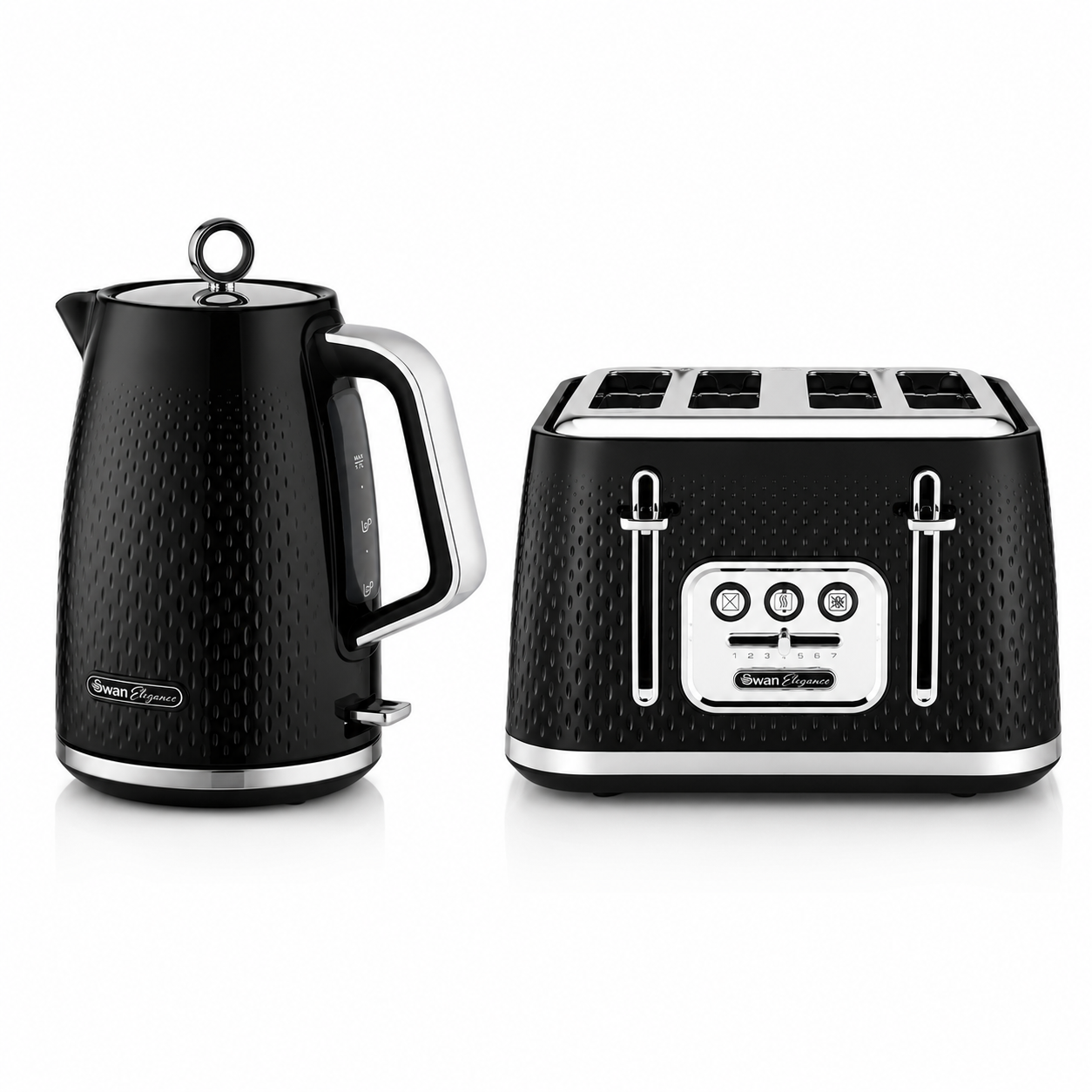 Swan black kettle and 4-slice toaster kitchen set with stainless accents