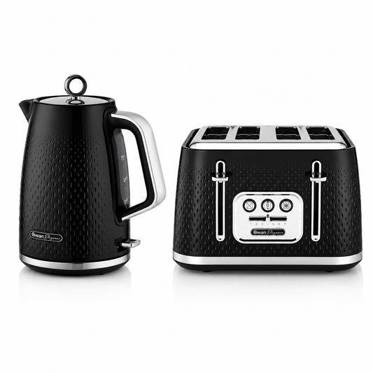 Swan black kettle and 4-slice toaster kitchen set with stainless accents