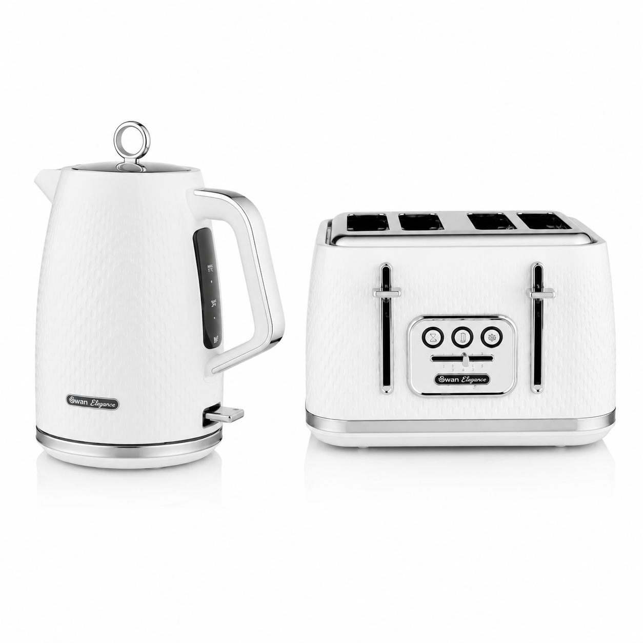 White kettle and 4-slice toaster kitchen set with twin controls and chrome accents