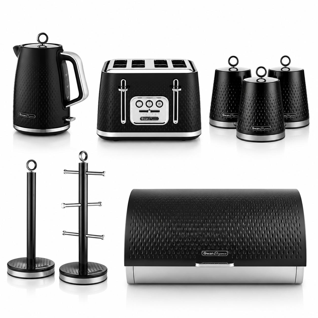 Swan Elegance Kettle, Toaster, Bread Bin, Canisters, Mug Tree & Towel Pole Set (Black)