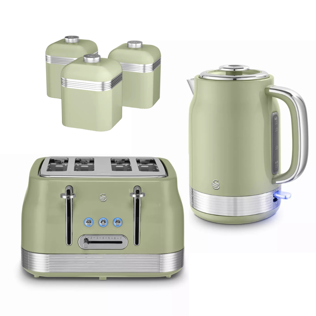 Swan Swan Retro Jug Kettle, 4 Slice Toaster & Canisters Kitchen Set (Green)