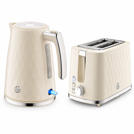 Cream kettle and 2-slice toaster kitchen set with chrome handle and dial controls.