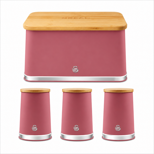 Fuchsia bread bin and matching storage canisters with bamboo lids