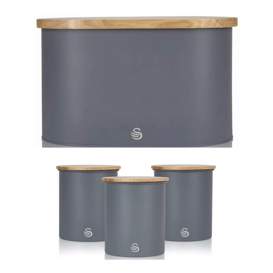 Grey round bread bin and canister storage set with bamboo lids, includes 3 small canisters