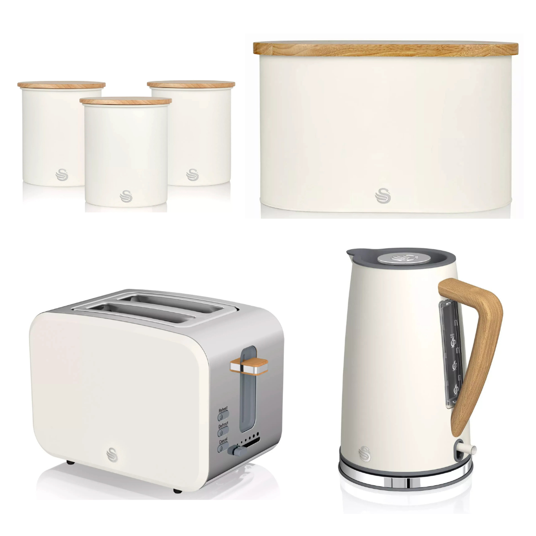 White kitchen set with kettle, 2-slice toaster, bread bin and matching storage canisters