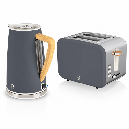 Grey electric kettle with wooden handle and 2-slice toaster kitchen set