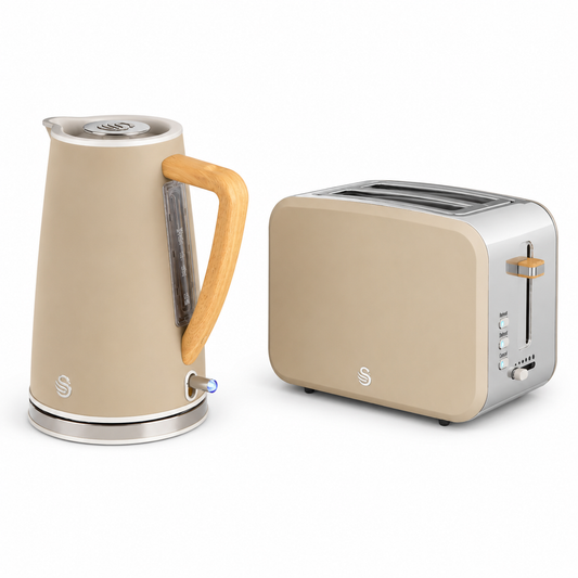 Oatmeal kettle and toaster set with wood handles and silver trim