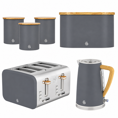 Swan Swan Nordic Kettle, 4 Slice Toaster, Bread Bin & Canisters Kitchen Set (Grey)