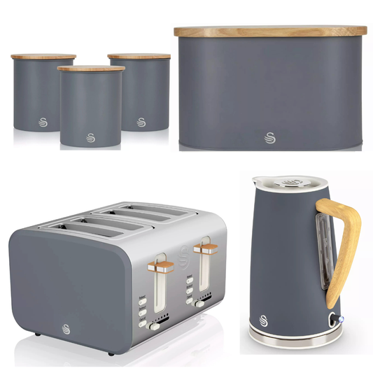 A Swanson kitchenware set featuring a 4-slot toaster, a kettle, and three canisters with a dark gray body and light natural wood lids, arranged on a white background.