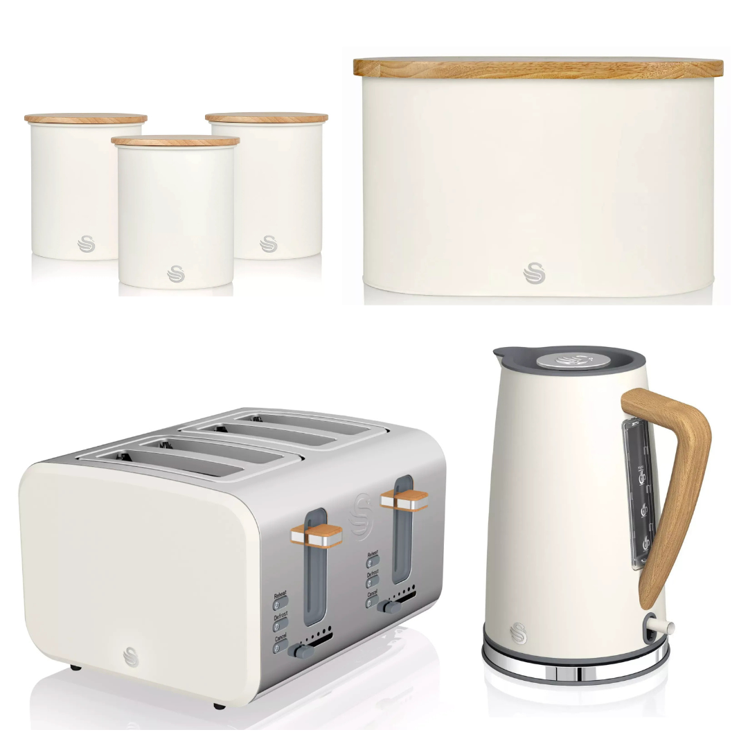 Swan Swan Nordic Kettle, 4 Slice Toaster, Bread Bin & Canisters Kitchen Set (Cotton White)