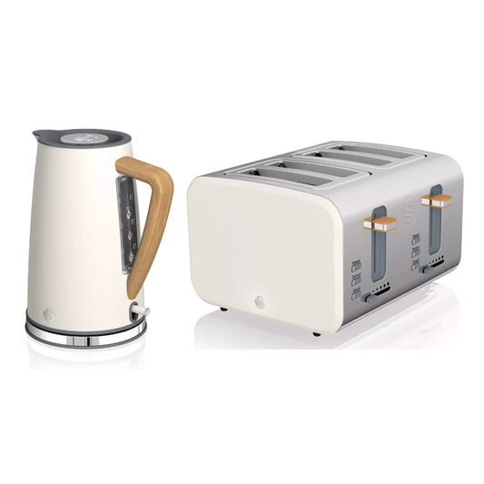White kettle and 4-slice toaster kitchen set, with wooden handle and wide toast slots