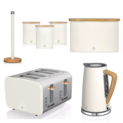 Swan Swan Nordic Kettle, 4 Slice Toaster, Bread Bin, Canisters & Towel Pole Set (Cotton White)