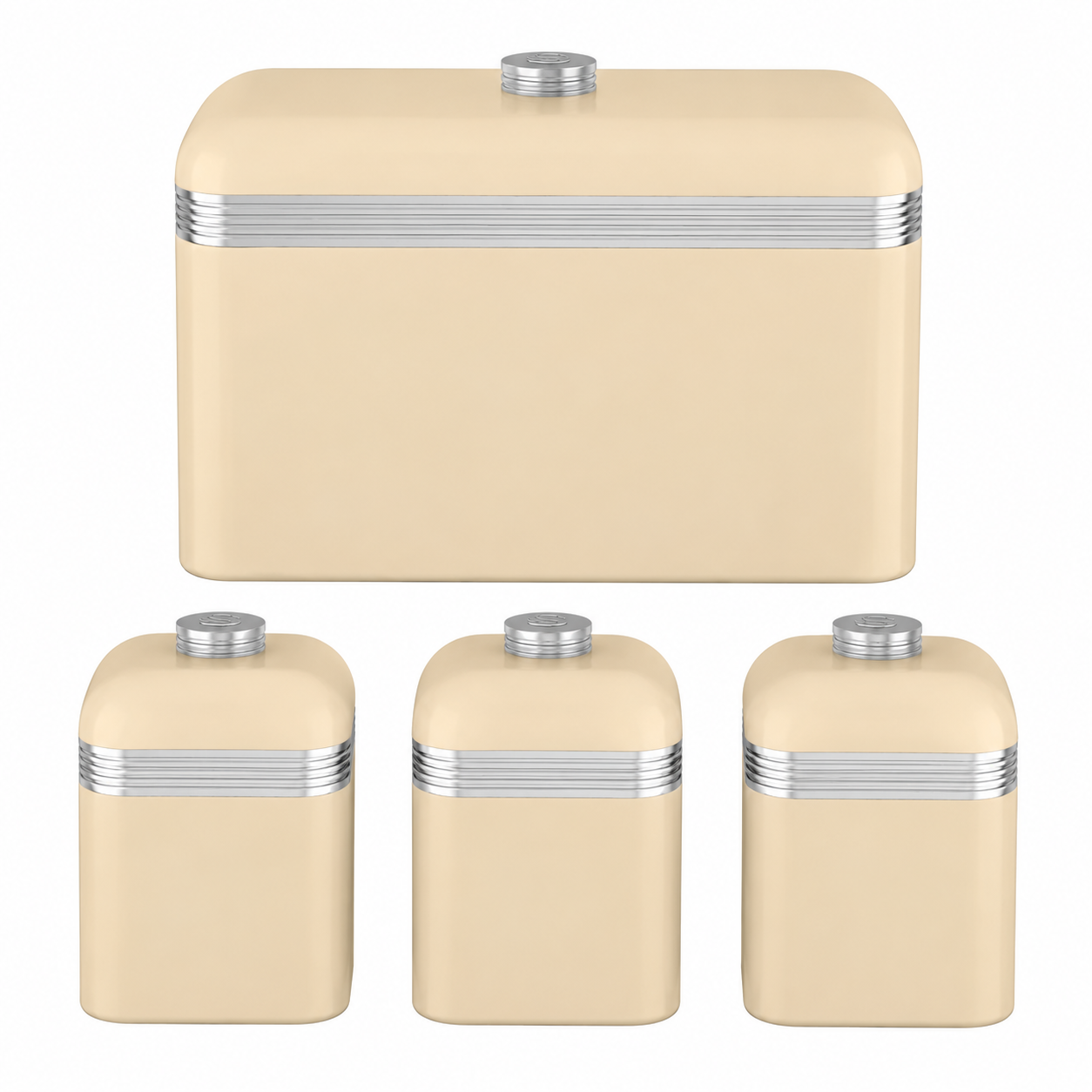 Cream bread bin and three matching canisters with silver striped lids