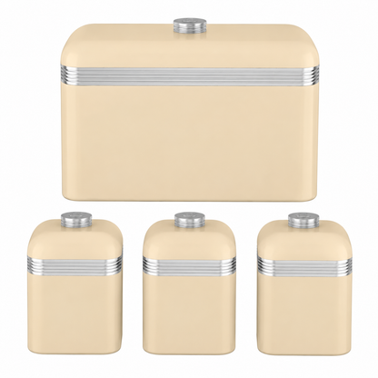 Cream bread bin and three matching canisters with silver striped lids