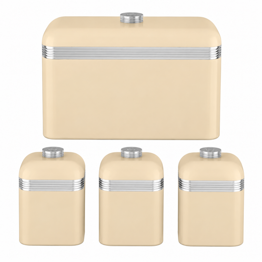 Cream bread bin and three matching canisters with silver striped lids