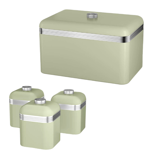 A set of four matching kitchen storage containers in a muted sage green color with silver metallic accents and lids, shown on a plain white background.