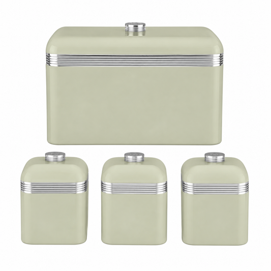 Green bread bin and canister set with silver-striped lids and metal knob tops