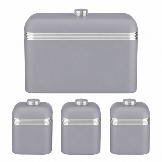 Grey metal bread bin and three canisters with silver-banded lids