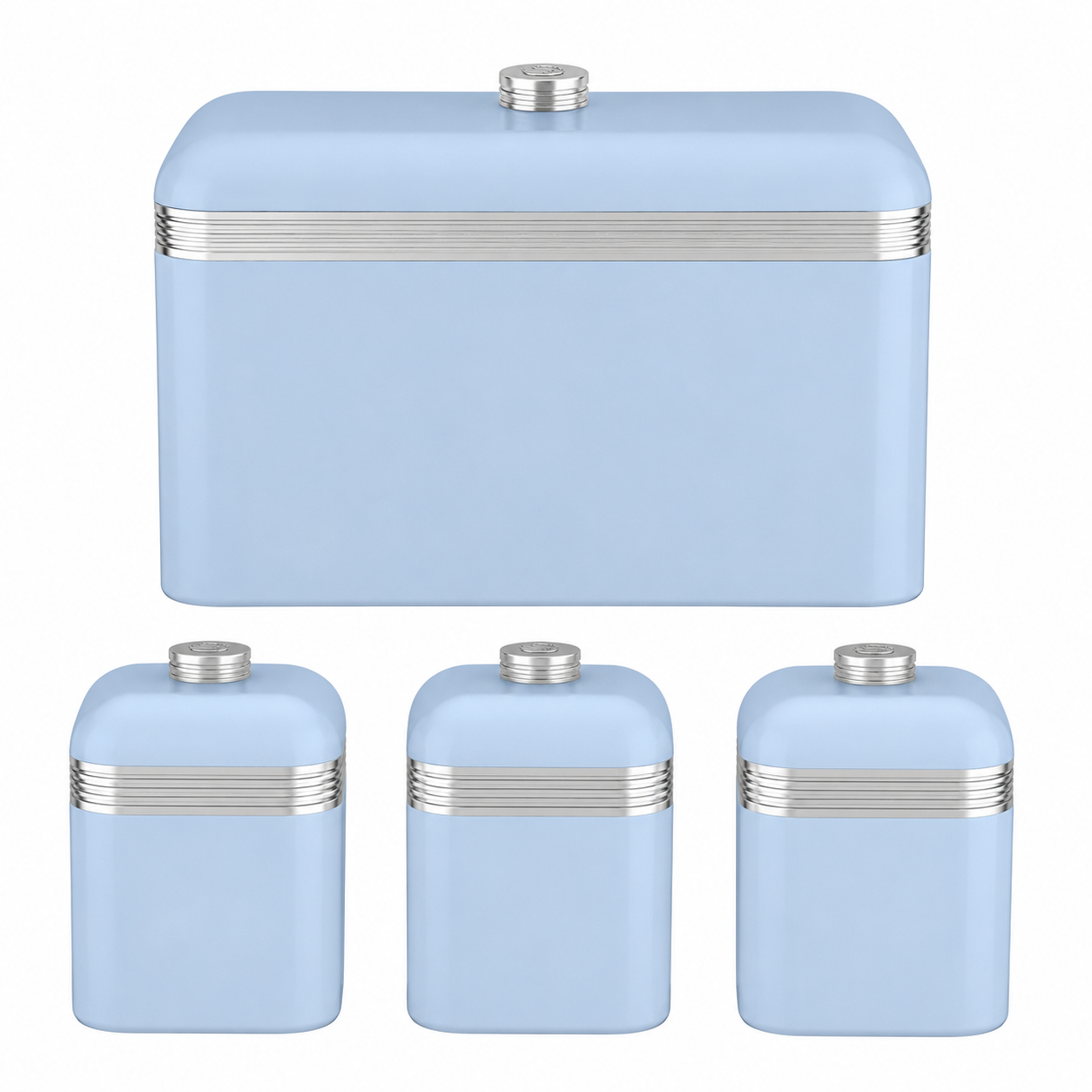 Blue bread bin and three canisters with silver ribbed lids, set