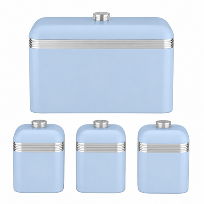 Blue bread bin and three canisters with silver ribbed lids, set