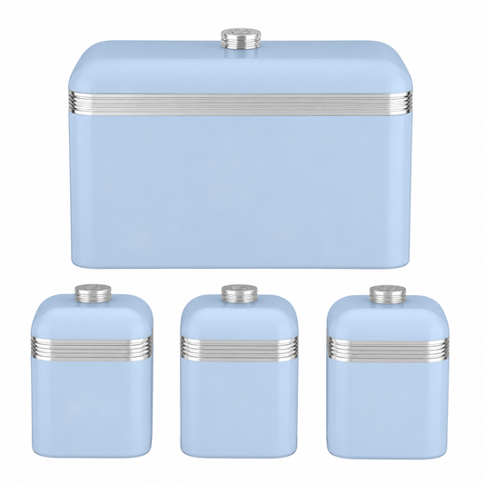 Blue bread bin and three canisters with silver ribbed lids, set