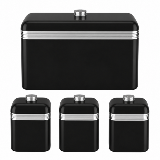 Black retro bread bin and three canisters with screw-top lids and silver stripe bands
