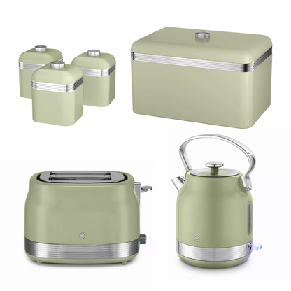 Swan Swan Retro Pyramid Kettle, 2 Slice Toaster, Bread Bin & Canisters Kitchen Set (Green)
