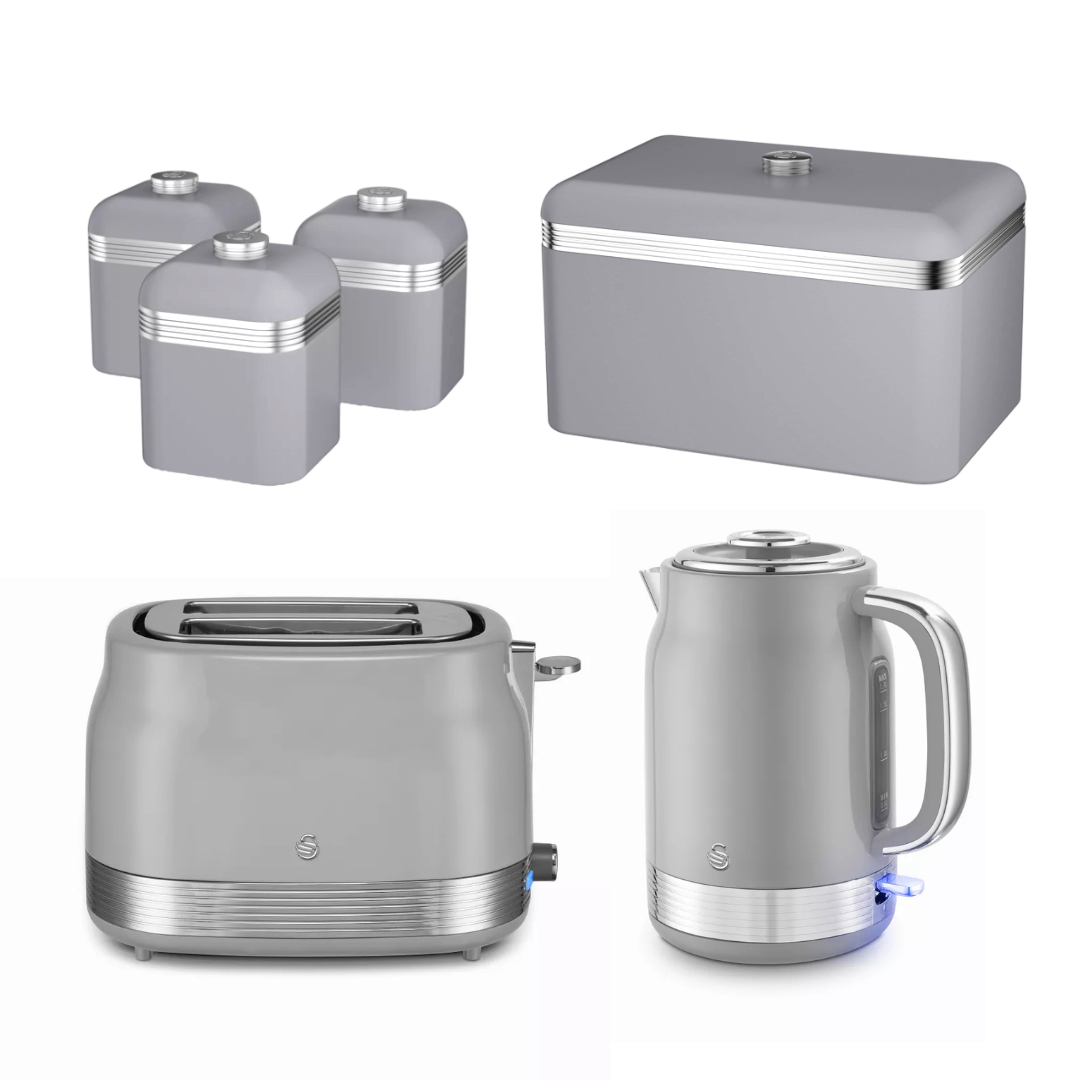 Swan Swan Retro Jug Kettle, 2 Slice Toaster, Bread Bin, Canisters Kitchen Set (Grey)