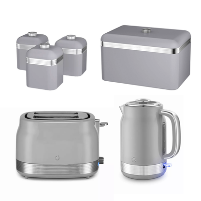 Swan Swan Retro Jug Kettle, 2 Slice Toaster, Bread Bin, Canisters Kitchen Set (Grey)