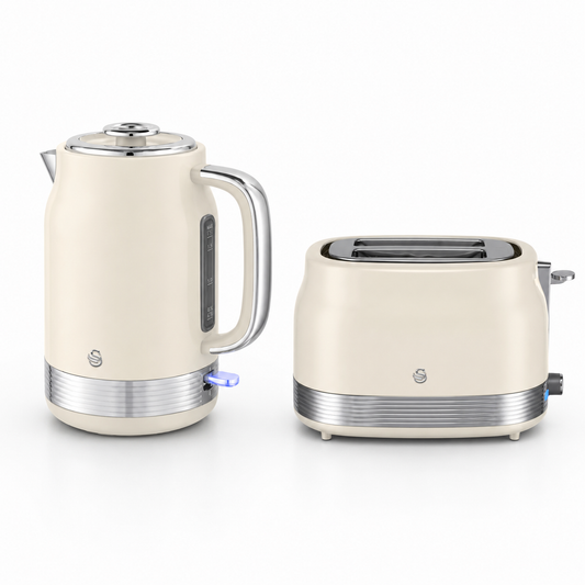 Chantilly cream retro electric kettle and toaster kitchen set with chrome accents
