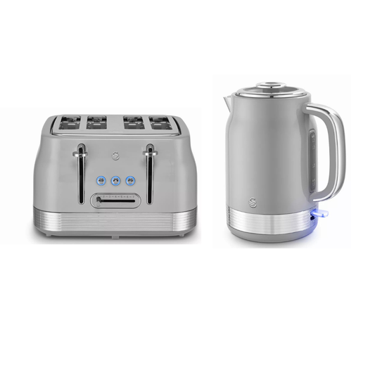 A metallic silver electric toaster and matching electric kettle shown side by side on a clean white background.