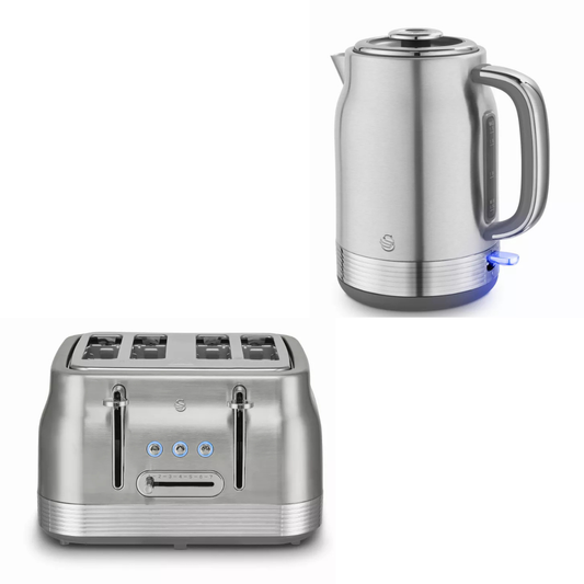 A stainless steel 4-slot toaster and a matching stainless steel electric kettle, both shown from the front on a clean white background.
