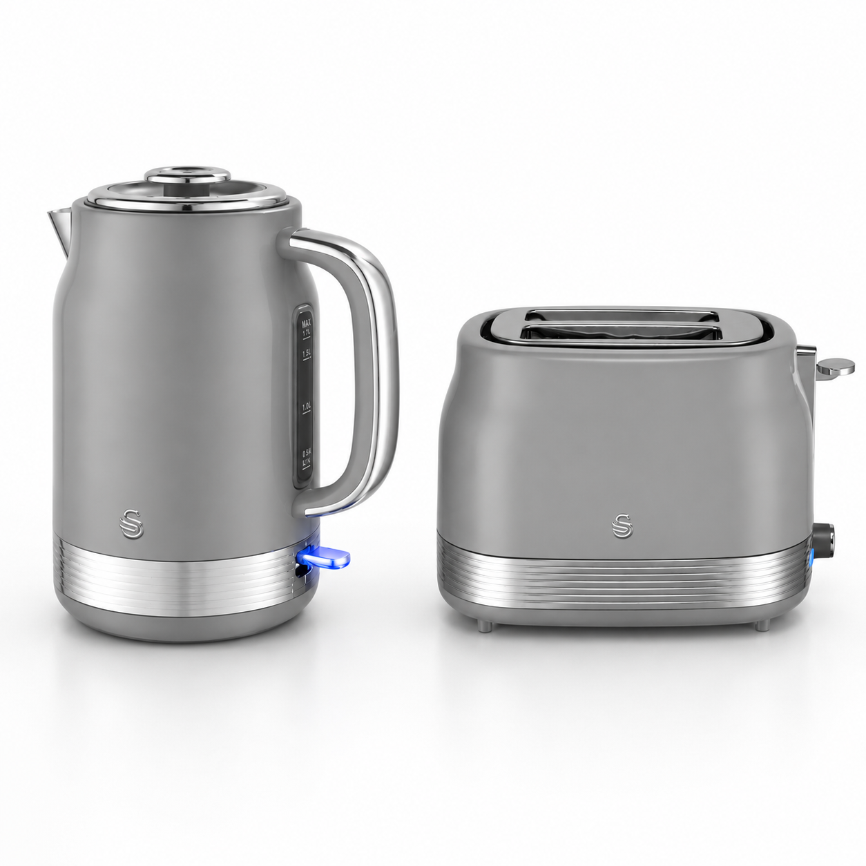 Grey retro jug kettle and two-slice toaster with brushed metal bases
