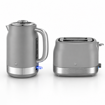 Grey retro jug kettle and two-slice toaster with brushed metal bases