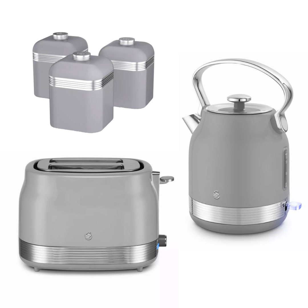 Grey kitchen set with electric kettle, 2-slice toaster, and canisters with chrome lids
