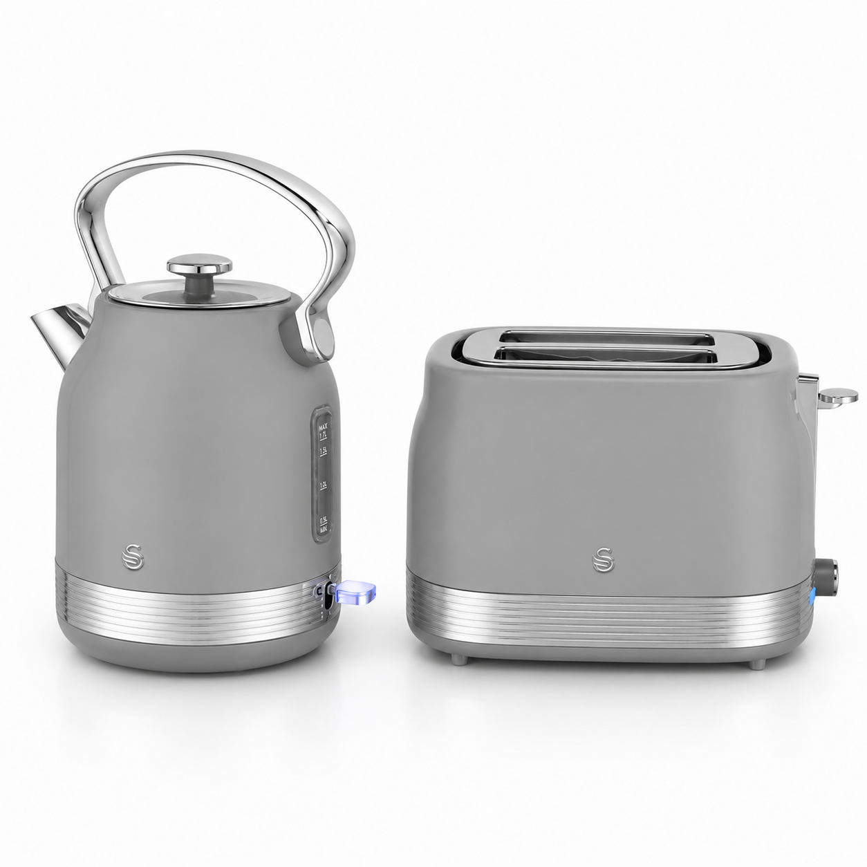 Grey retro kettle and 2-slice toaster set, angled view with chrome accents