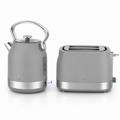 Grey retro kettle and 2-slice toaster set, angled view with chrome accents