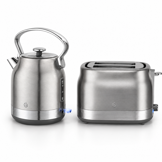 Stainless steel retro kettle and 2-slice toaster set with chrome accents