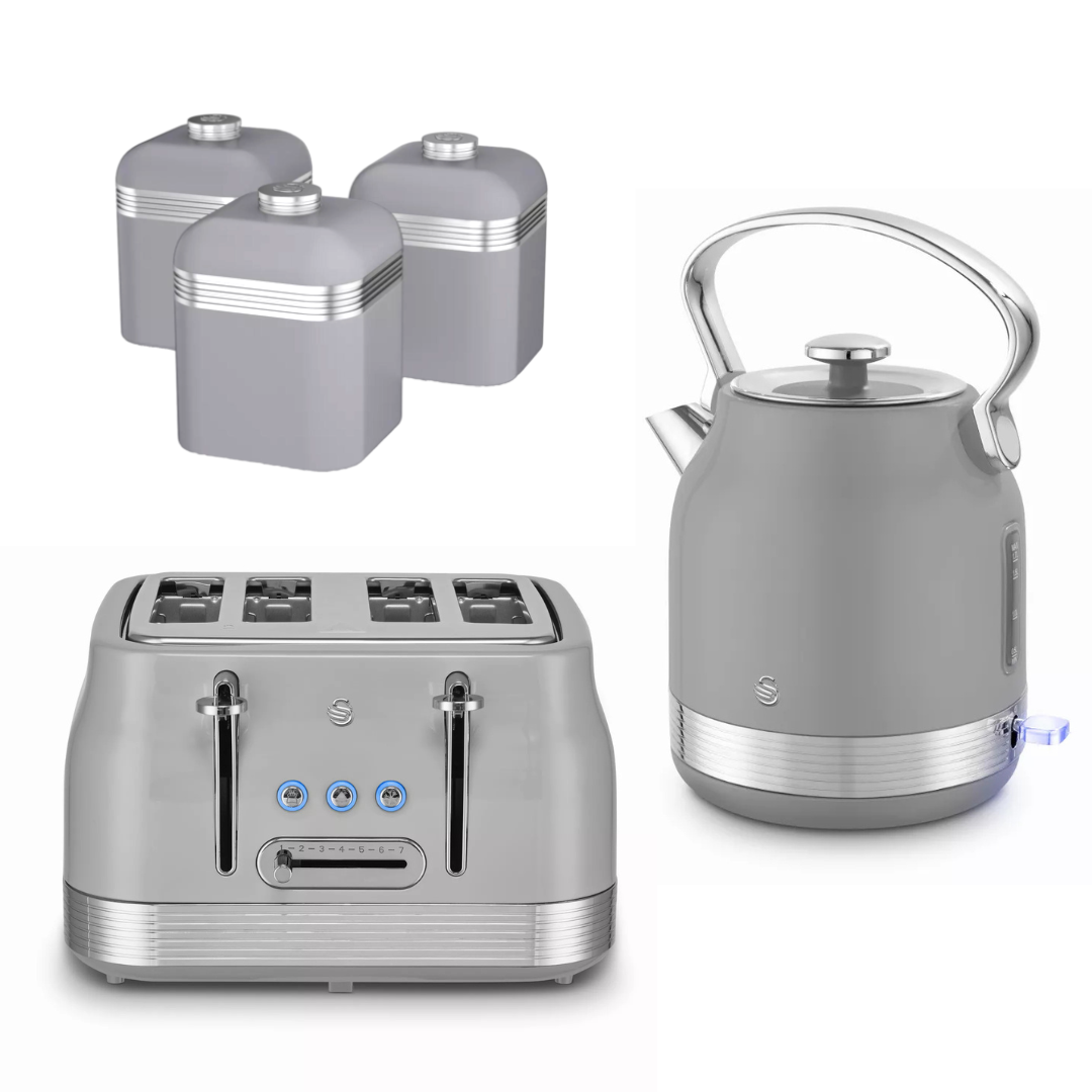 Grey retro kitchen set with two canisters, electric kettle, and 4-slice toaster
