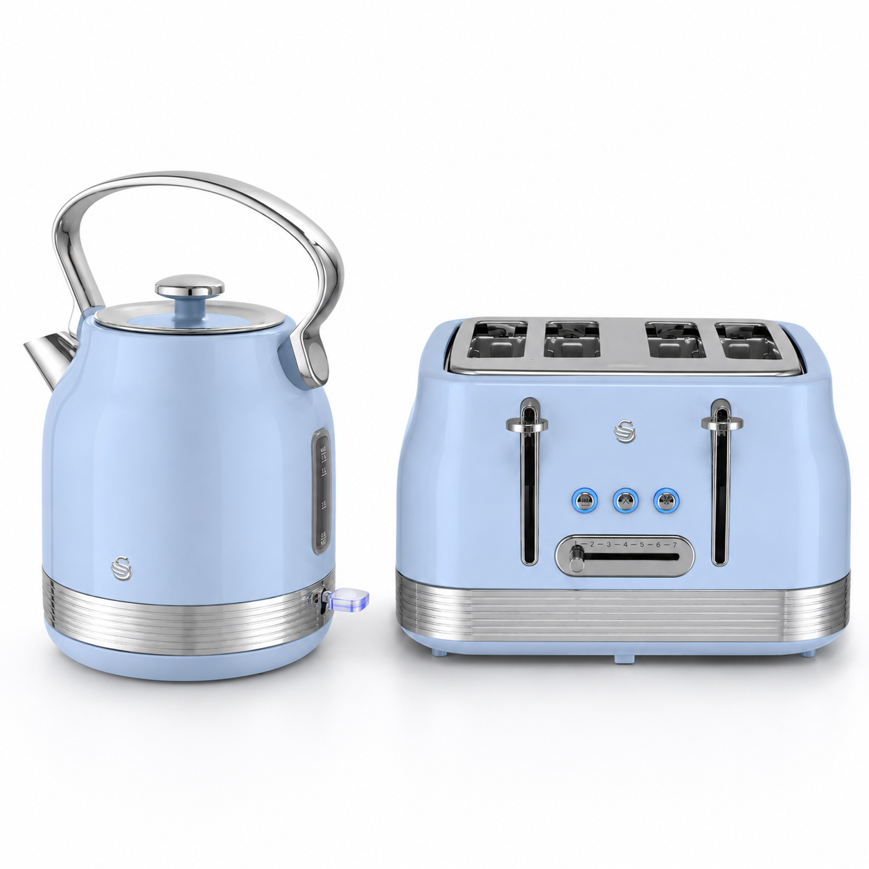 Blue retro pyramid kettle and 4-slice toaster set with chrome base and lever controls