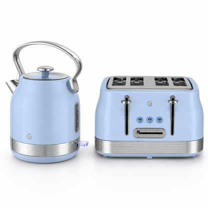 Blue retro pyramid kettle and 4-slice toaster set with chrome base and lever controls