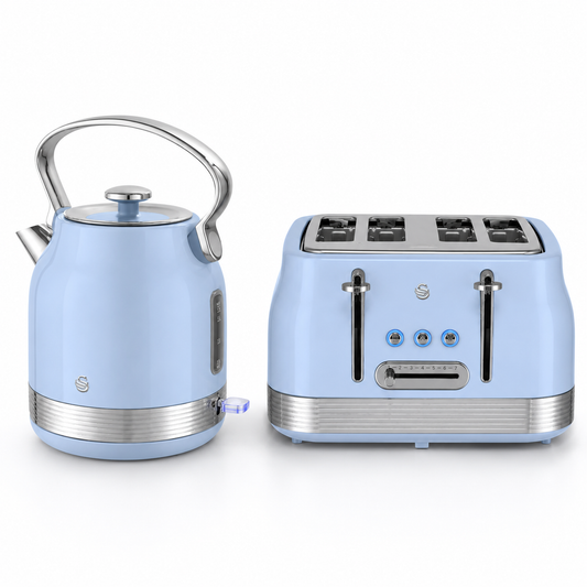 Blue retro pyramid kettle and 4-slice toaster set with chrome base and lever controls