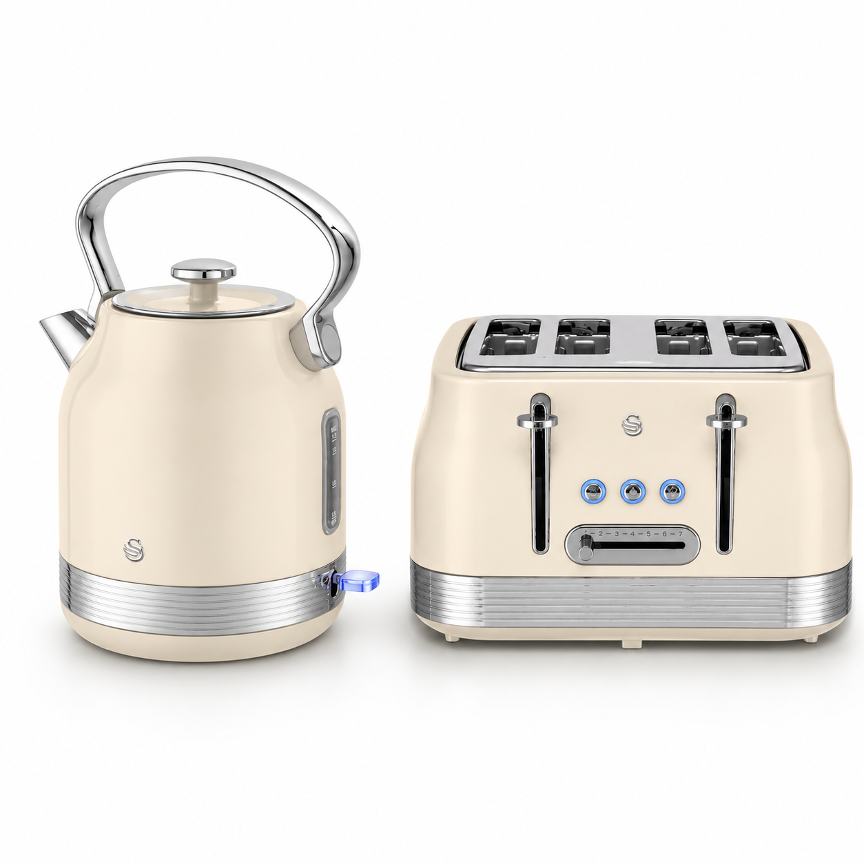 Retro cream kettle with steel base and matching 4-slice toaster, silver control knobs