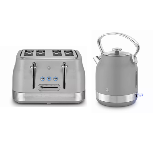 Swan Retro Pyramid Kettle & 4 Slice Toaster Kitchen Set (Grey)