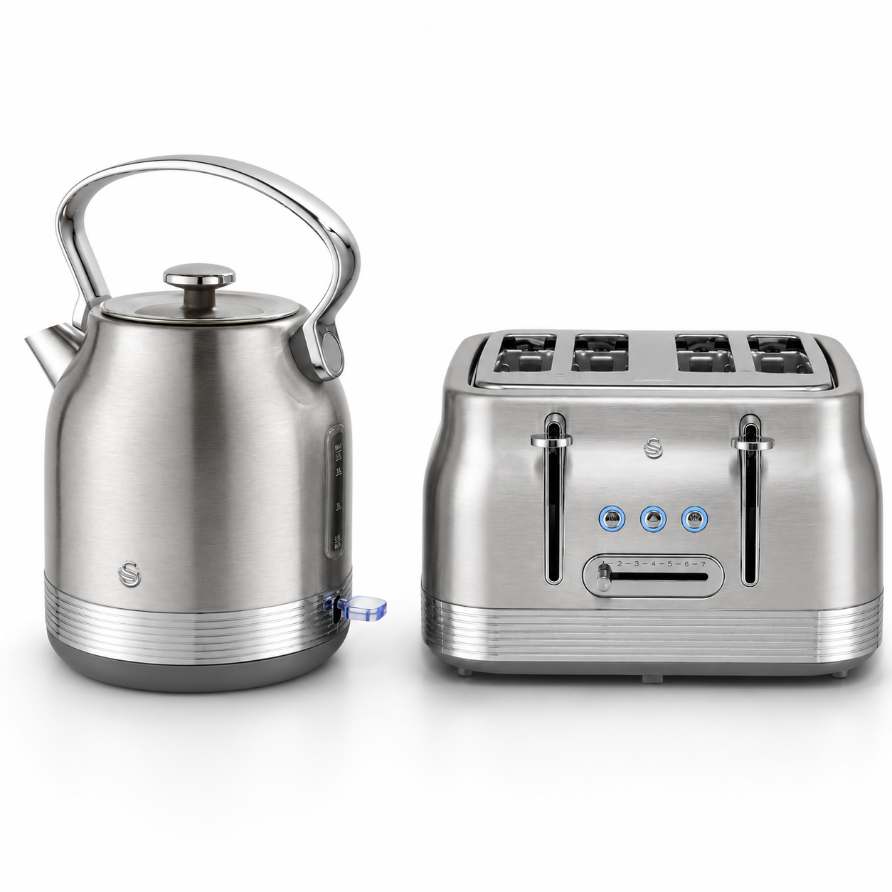 Stainless steel retro kettle and 4-slice toaster, with brushed-metal look