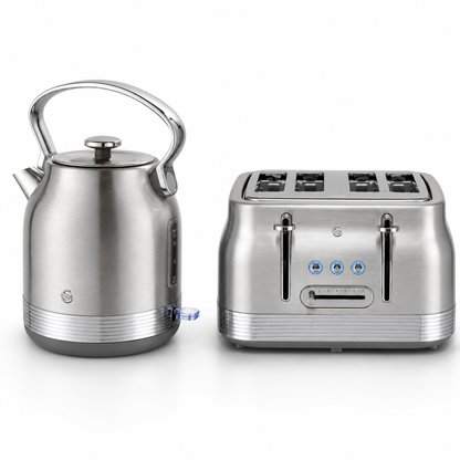 Stainless steel retro kettle and 4-slice toaster, with brushed-metal look